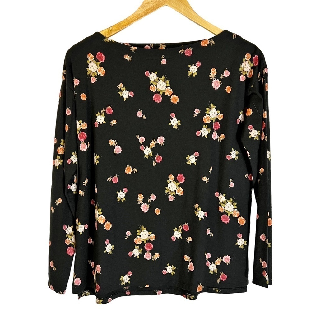J‎ Jill Luxe Supima Boat Neck Tee Black with Floral Design XS Cottagecore